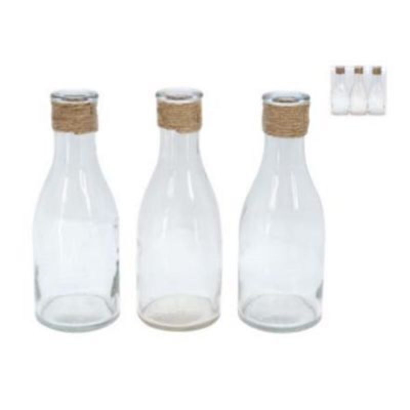 Pack of 3 Bottle Vase with Twine by Gisela Graham. Set of 3 glass bottles with twine tops. Perfect for decorating wedding tables. Bottle size 20x6.5cm